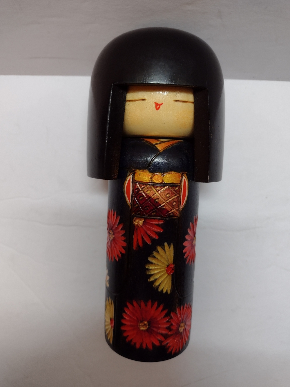 Japanese Sosaku Kokeshi Doll Floral Kimono Black Hair Wooden Stamp 6.75" Tall